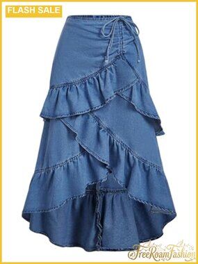 Long Denim Maxi Skirt Ruffle Asymmetrical High Rise Jean Skirt